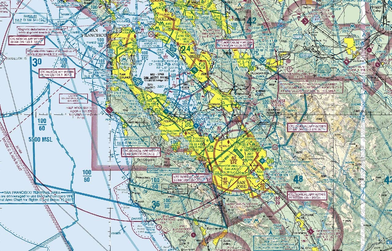 FAA VFR sectional chart near Palo Alto used as a mock checkride visual reference